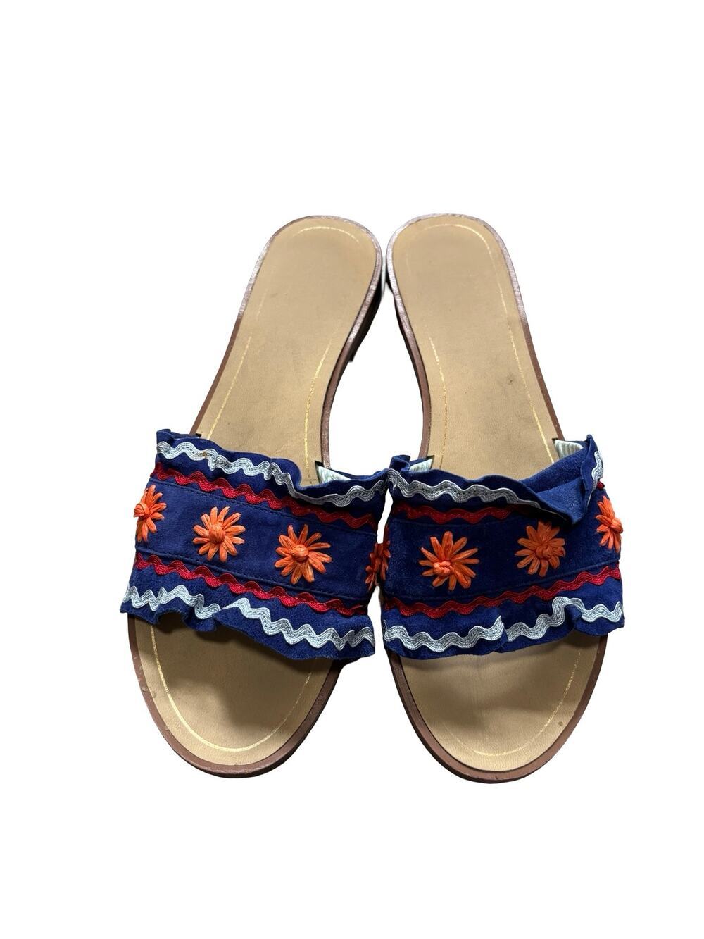 Summer Sale ☀️1901 Embroidered Leather Slide Sandals Floral Ruffle Flat Size 8.5